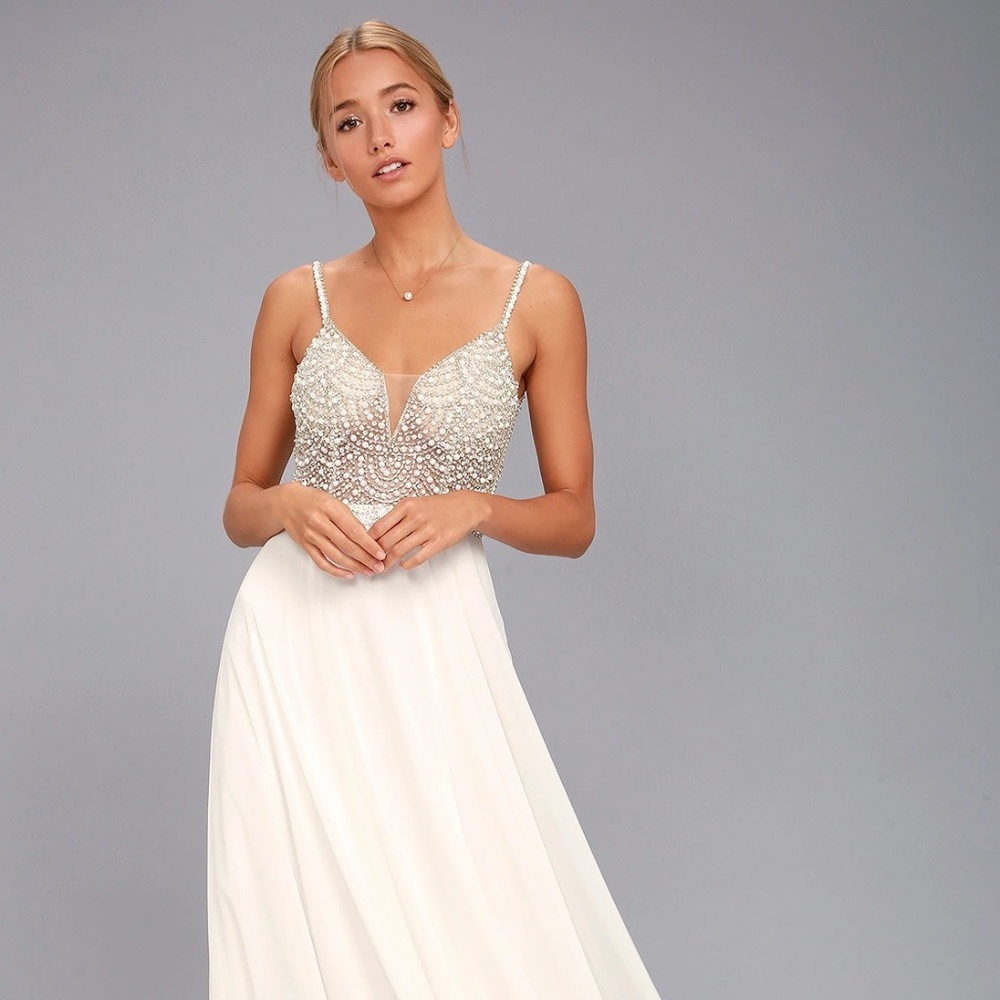 Lulus White Beaded Rhinestone Wedding Dress (Maxi)